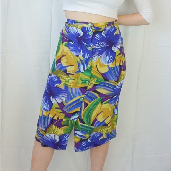 Vintage Blue Floral Hawaiian Midi Skirt
